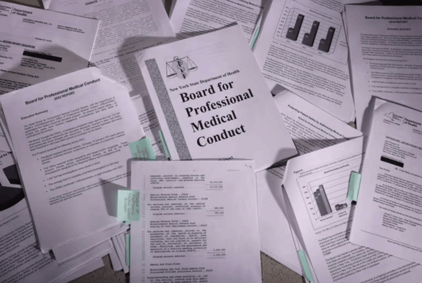 Board for Professional Medical Conduct documents spread across a desk